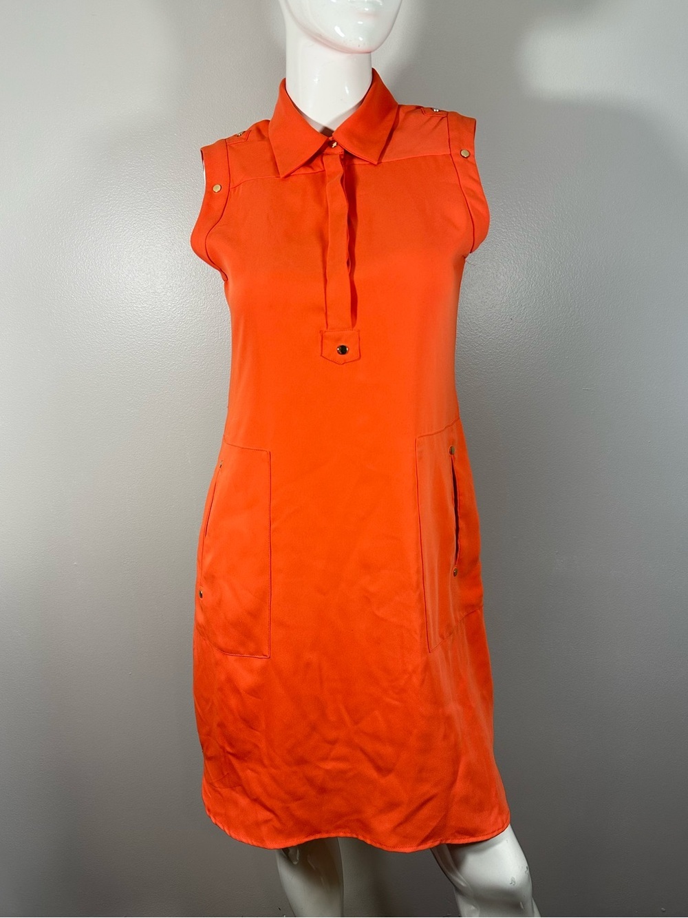 Calvin Klein Sz 6 Womens Orange Knee Length Sleeveless Dress 3/4 Snap Button